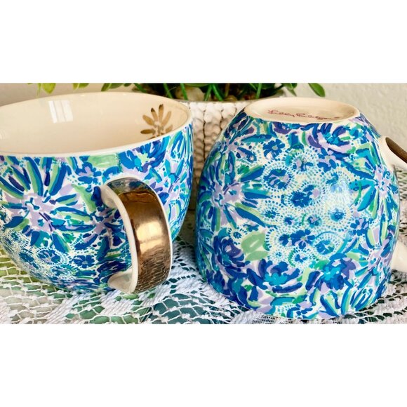 Lilly Pulitzer Mugs Coffee /Tea Hidden Lion Blue Purple Floral Set 2 - Picture 4 of 6